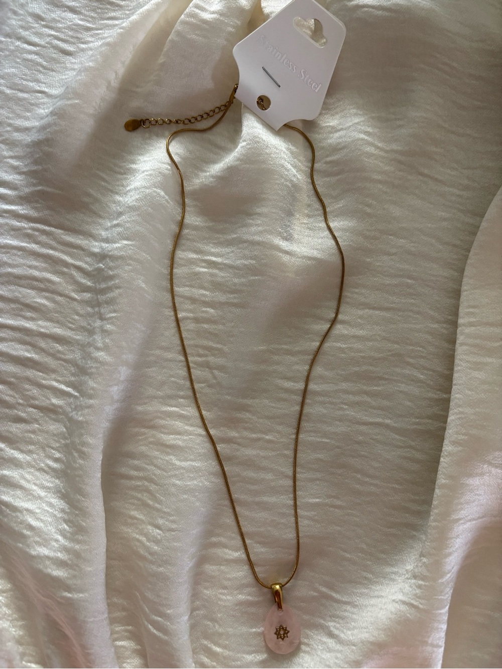 Stainless Steel Gold Necklace with Pink Gemstone Pendant